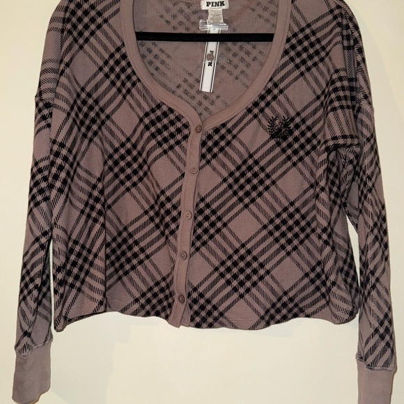 PINK Victoria's Secret Plaid Button-Up Top in Brown and Black - Picture 2 of 6